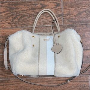 Kate Spade Everything Racing Stripe Faux Shearling Large Tote Cream Duffel